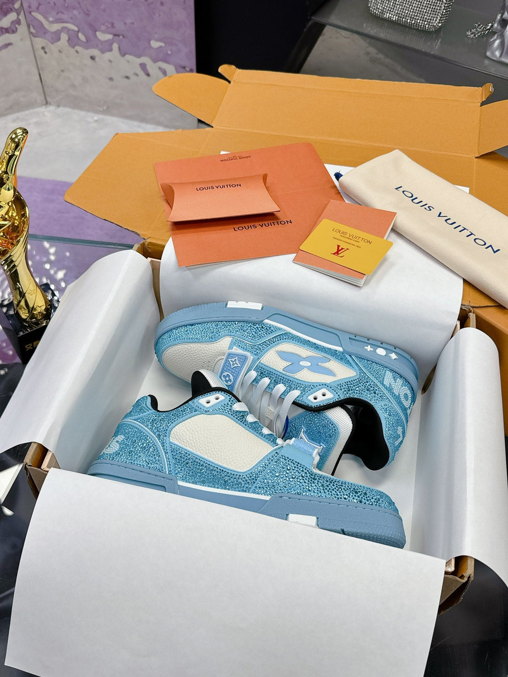 LV 26S TRAINER SNEAKERS IN SKY BLUE WHITE CALFSKIN WITH RHINESTONE