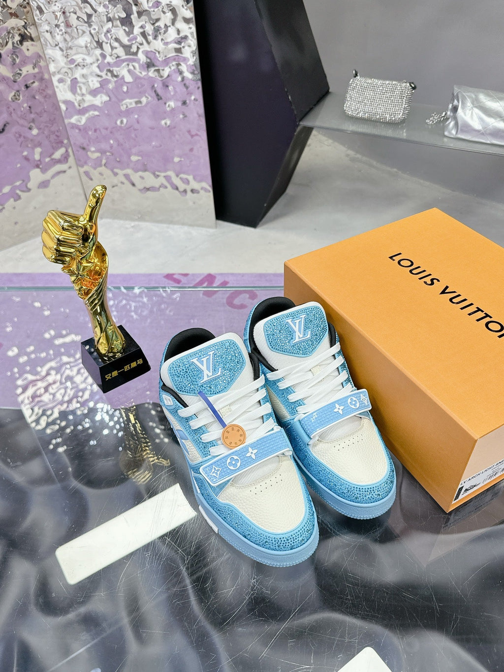 LV 26S TRAINER SNEAKERS IN SKY BLUE WHITE CALFSKIN WITH RHINESTONE