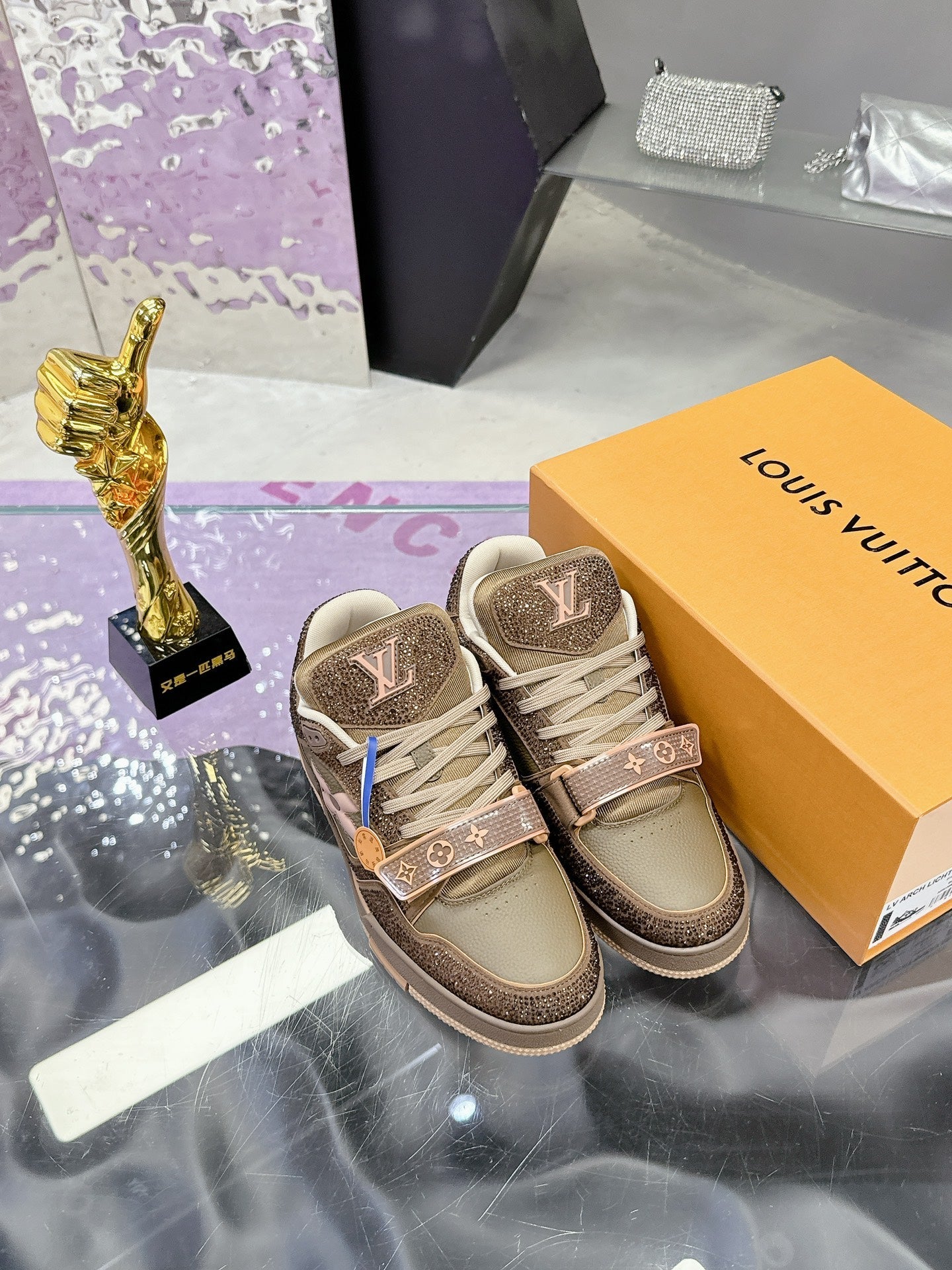 LV 26S TRAINER SNEAKERS IN BEIGE BROWN CALFSKIN WITH RHINESTONE