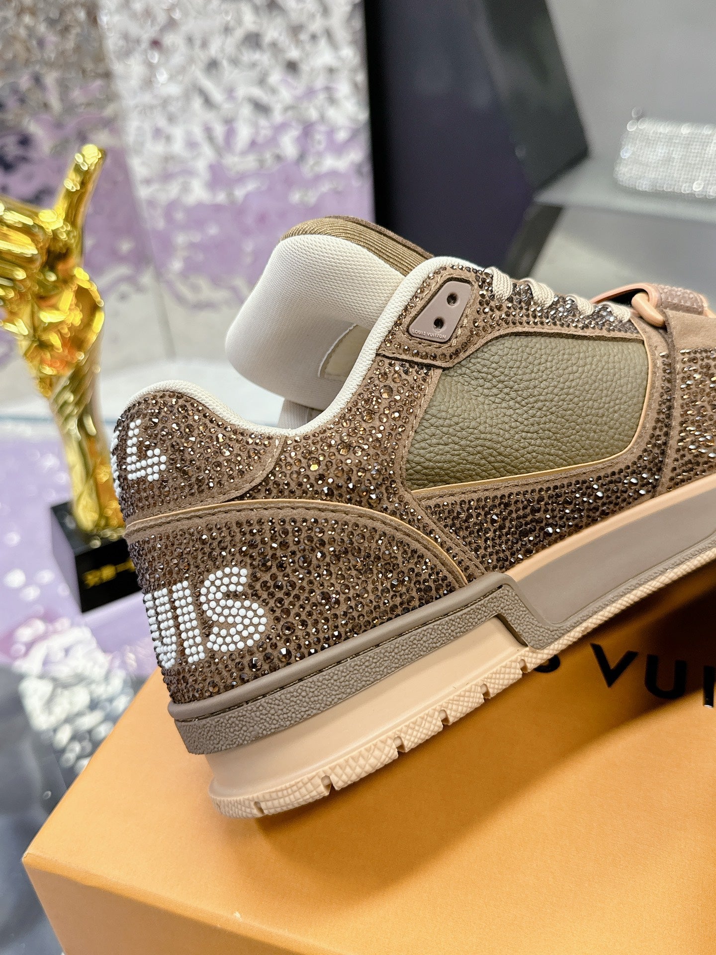 LV 26S TRAINER SNEAKERS IN BEIGE BROWN CALFSKIN WITH RHINESTONE