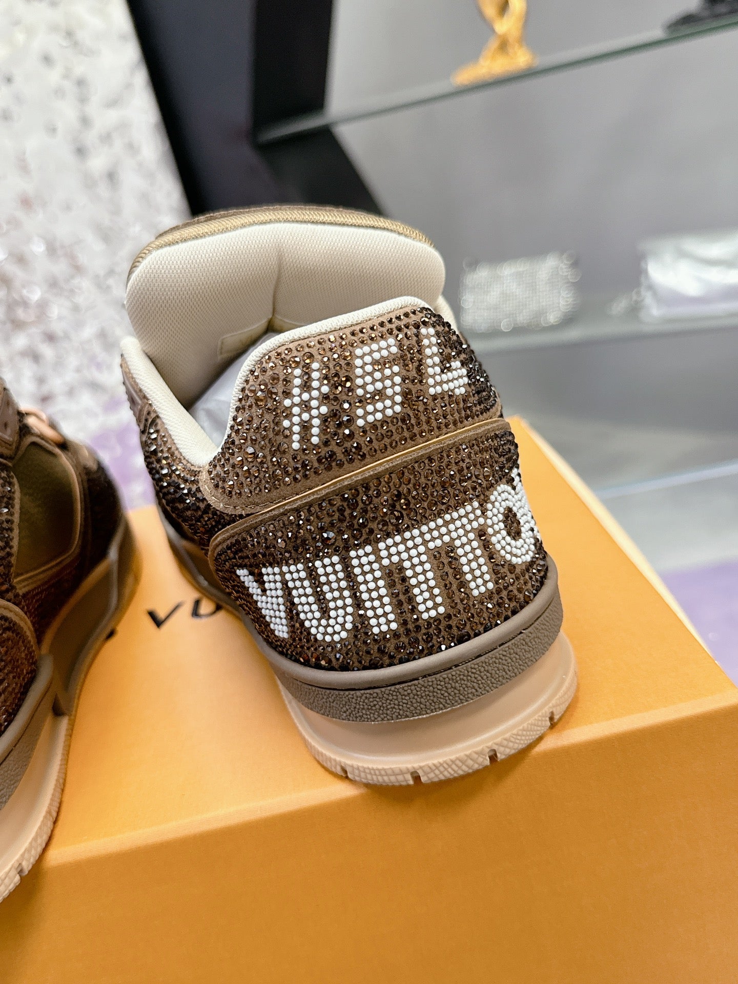 LV 26S TRAINER SNEAKERS IN BEIGE BROWN CALFSKIN WITH RHINESTONE
