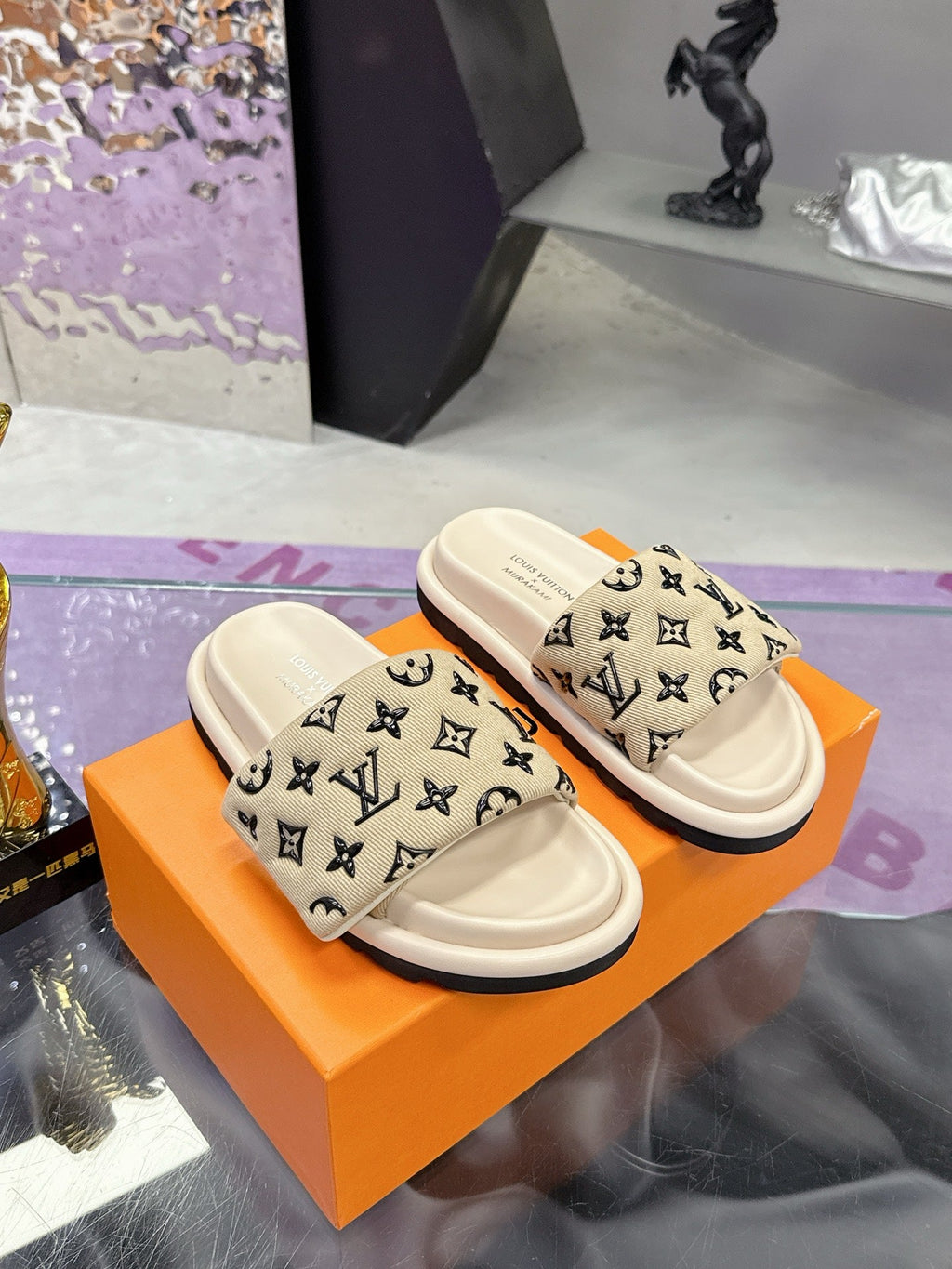 LV 26S POOL PILLOW SLIDES IN BEIGE BLACK MONOGRAM DENIM AND CALFSKIN