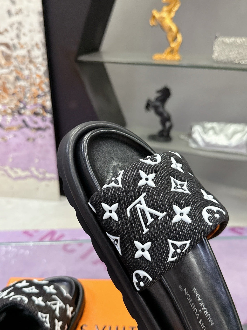 LV 26S POOL PILLOW SLIDES IN BLACK WHITE MONOGRAM DENIM AND CALFSKIN