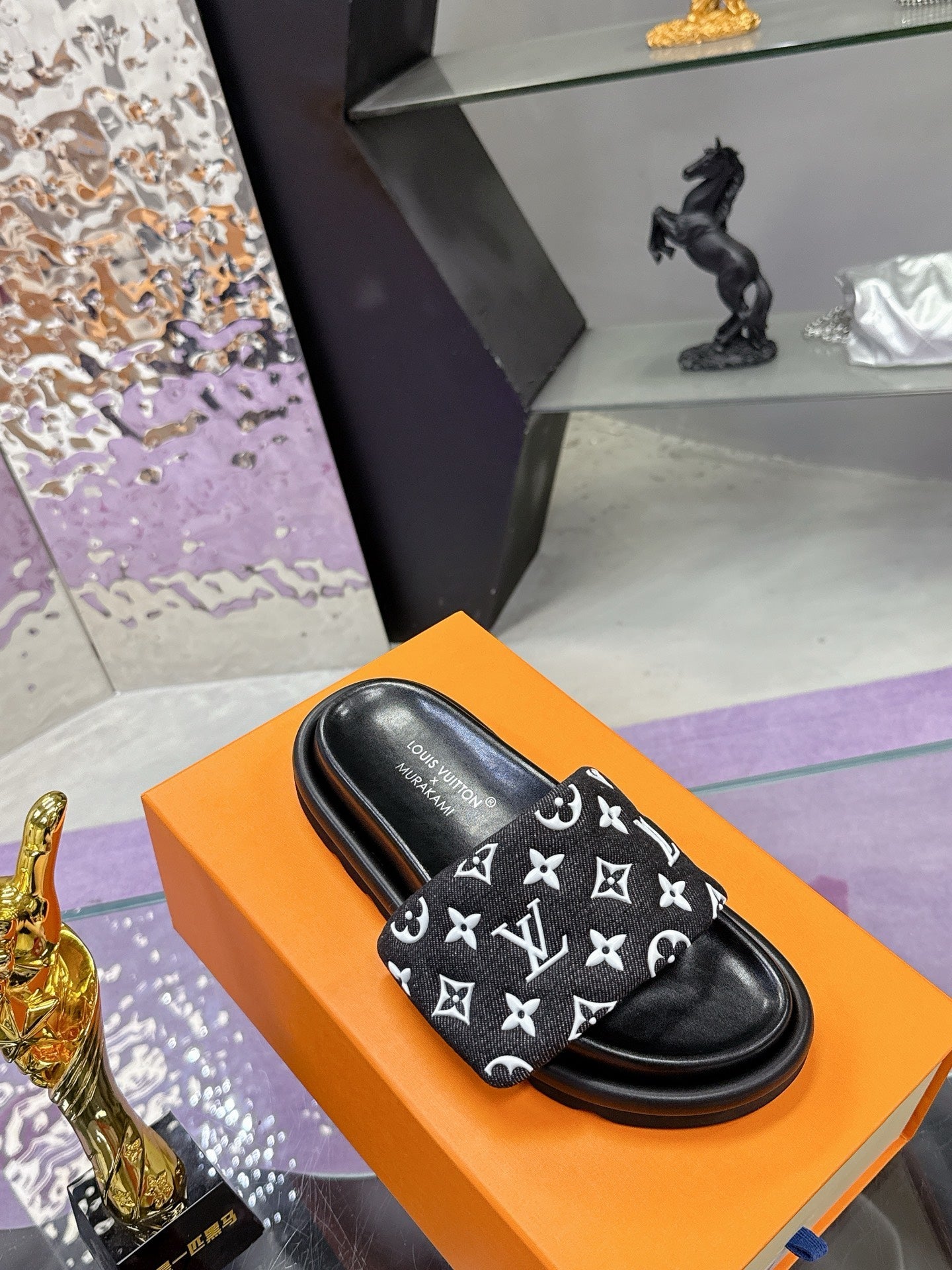 LV 26S POOL PILLOW SLIDES IN BLACK WHITE MONOGRAM DENIM AND CALFSKIN