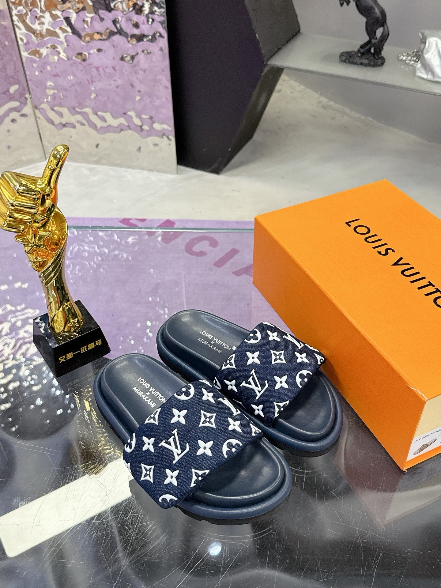 LV 26S POOL PILLOW SLIDES IN NAVY WHITE MONOGRAM DENIM AND CALFSKIN