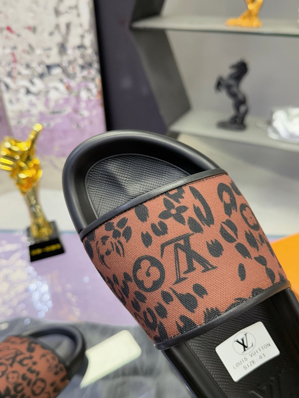 LV 26S SLIDE SANDALS IN BLACK BROWN CALFSKIN AND CANVAS