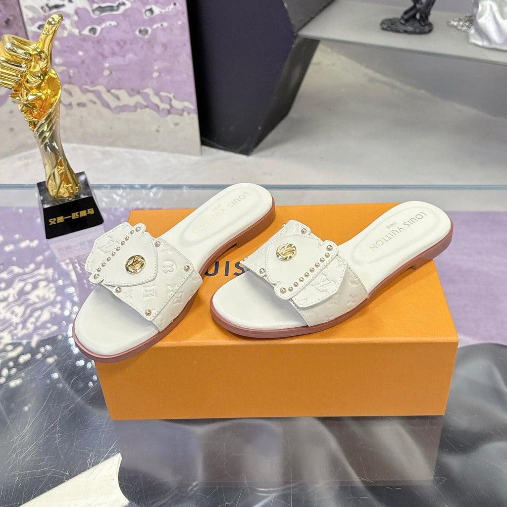 LV 26S FLAT SLIDE SANDALS IN WHITE EMBOSSED CALFSKIN GOLD HARDWARE