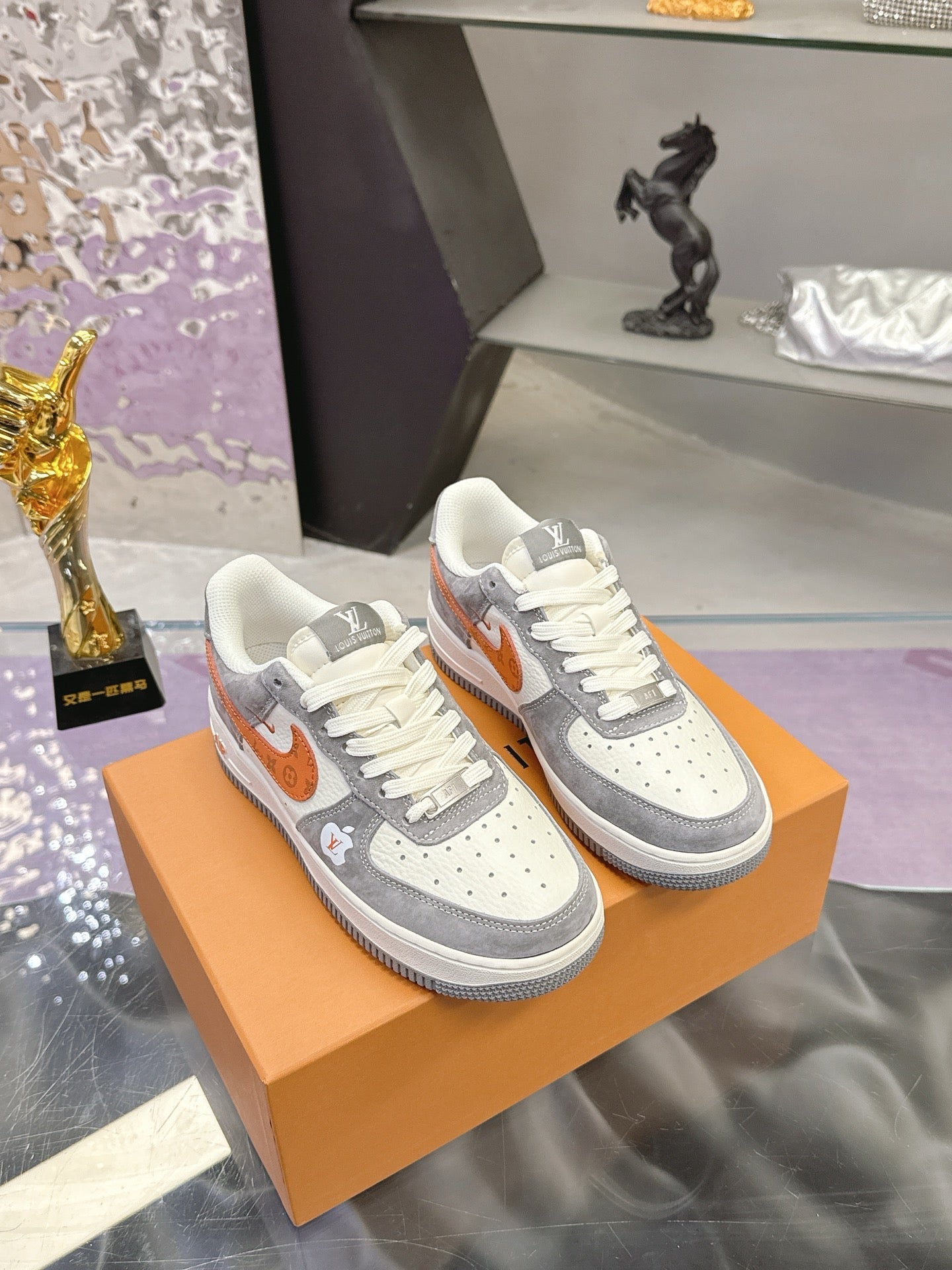 LV 26S DUNK LOW SNEAKERS IN WHITE GREY ORANGE MONOGRAM SWOOSH CALFSKIN