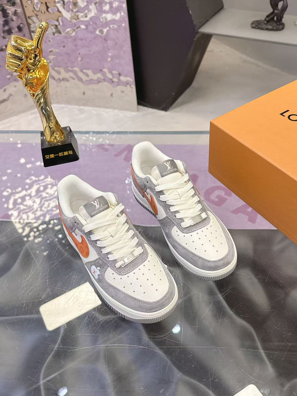 LV 26S DUNK LOW SNEAKERS IN WHITE GREY ORANGE MONOGRAM SWOOSH CALFSKIN