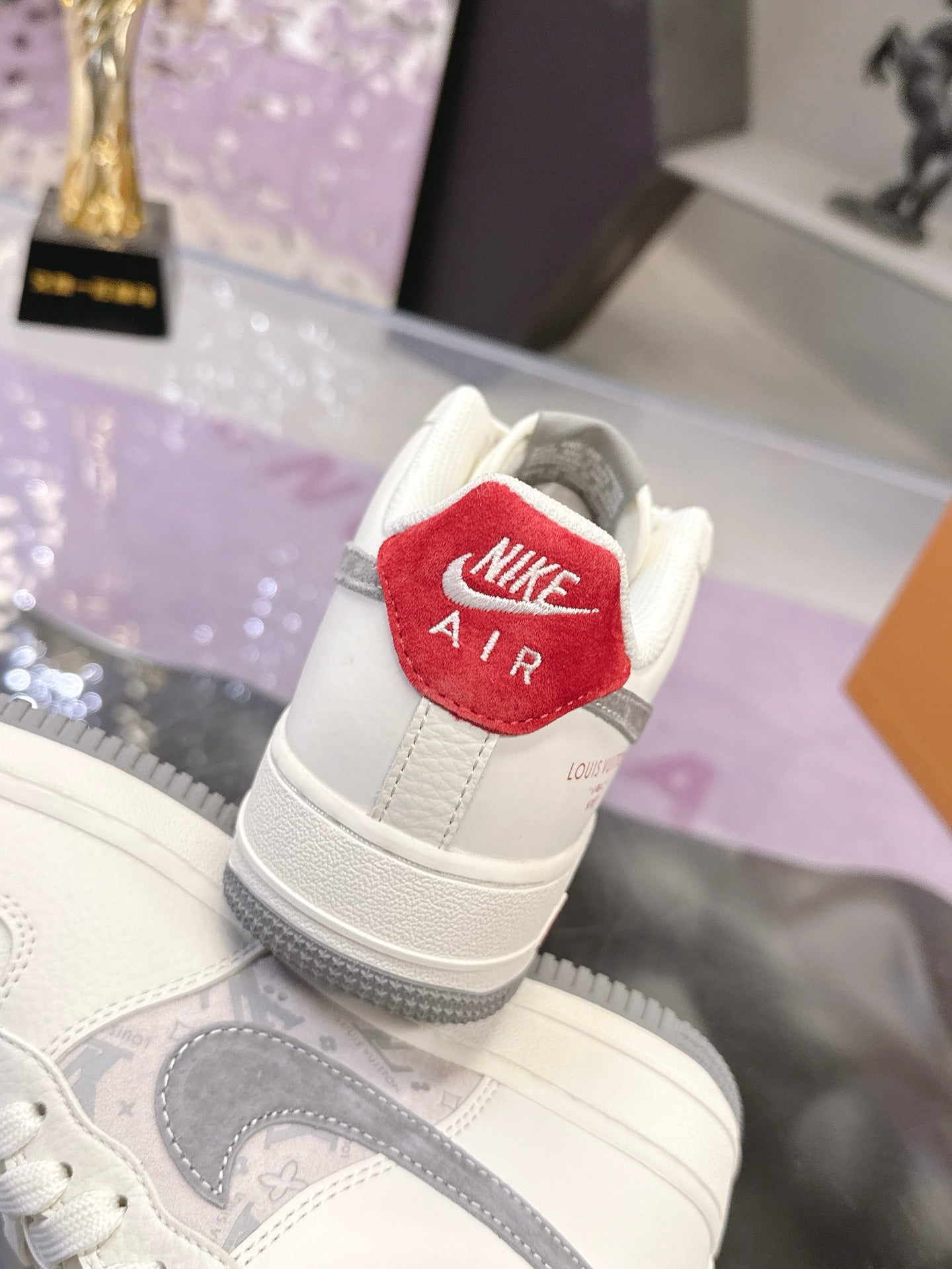 LV 26S DUNK LOW SNEAKERS IN WHITE GREY MONOGRAM SWOOSH CALFSKIN
