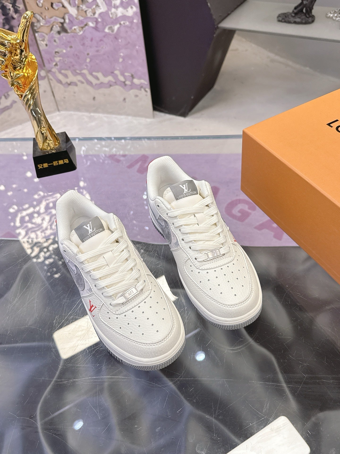 LV 26S DUNK LOW SNEAKERS IN WHITE GREY MONOGRAM SWOOSH CALFSKIN