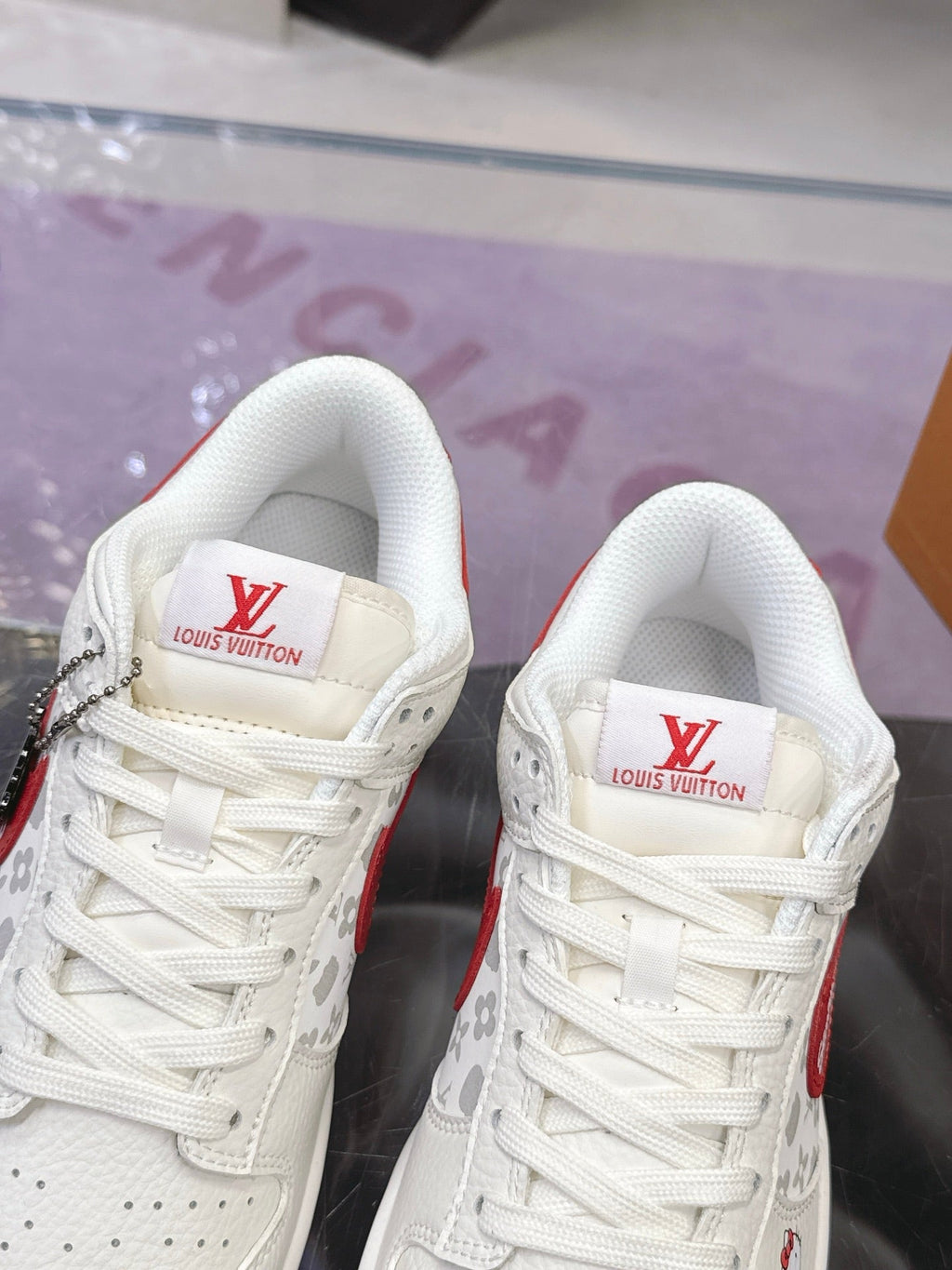 LV 26S DUNK LOW SNEAKERS IN WHITE RED HELLO KITTY MONOGRAM CALFSKIN