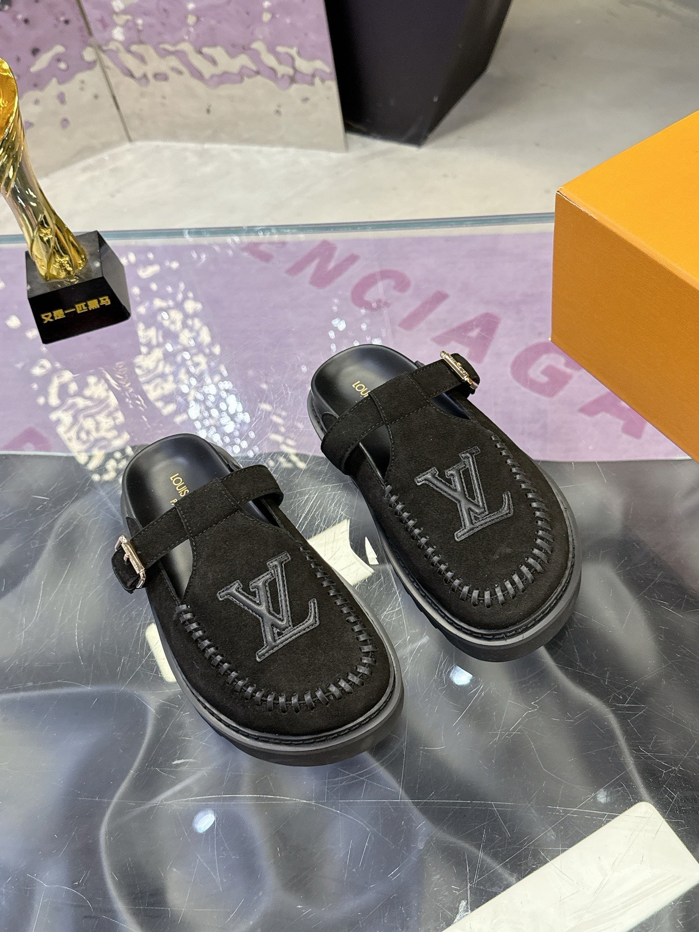 LV 26S MULE SLIDES IN BLACK SUEDE BUCKLE STRAP