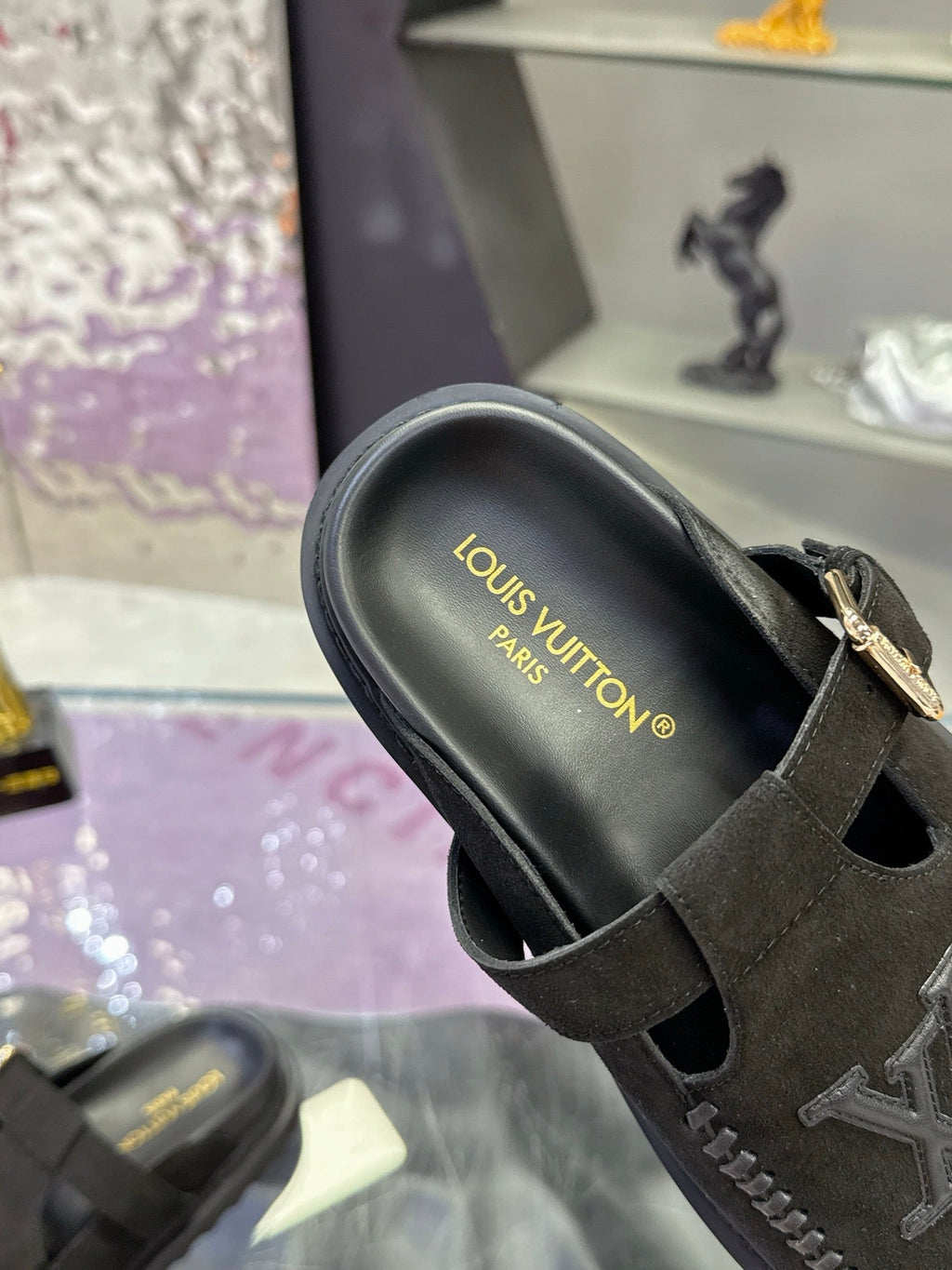 LV 26S MULE SLIDES IN BLACK SUEDE BUCKLE STRAP