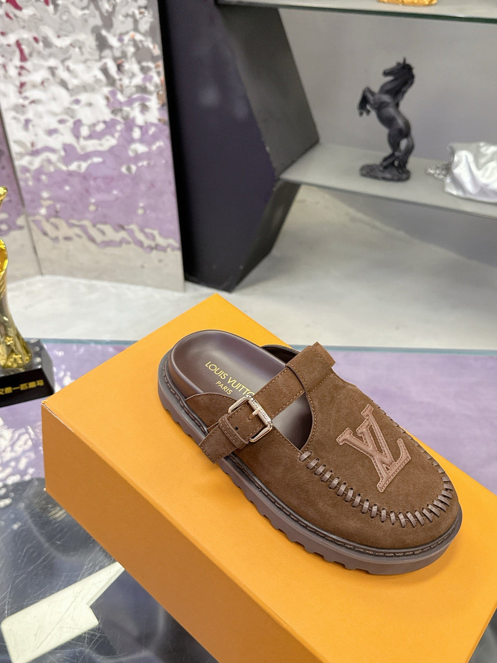 LV 26S MULE SLIDES IN DARK BROWN SUEDE BUCKLE STRAP