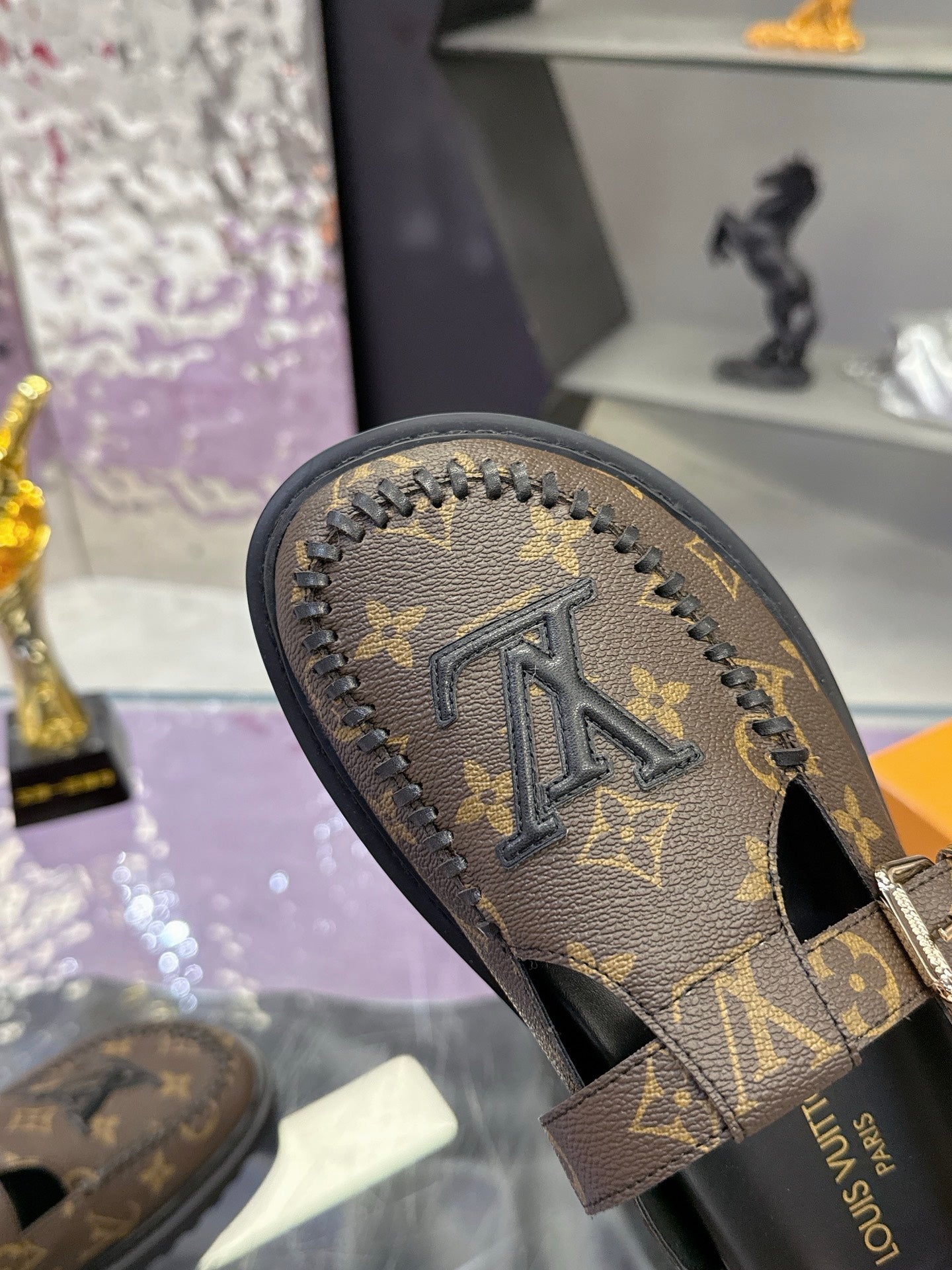 LV 26S MULE SLIDES IN DARK BROWN MONOGRAM CALFSKIN BUCKLE STRAP