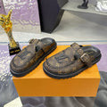 LV 26S MULE SLIDES IN DARK BROWN MONOGRAM CALFSKIN BUCKLE STRAP