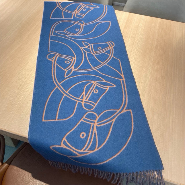 CASAQUE ENTRELACS EQUESTRES 190 CM SCARF IN AZURE BLUE CASHMERE