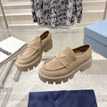 PRADA 26S PLATFORM LOAFERS 45MM IN BEIGE SUEDE
