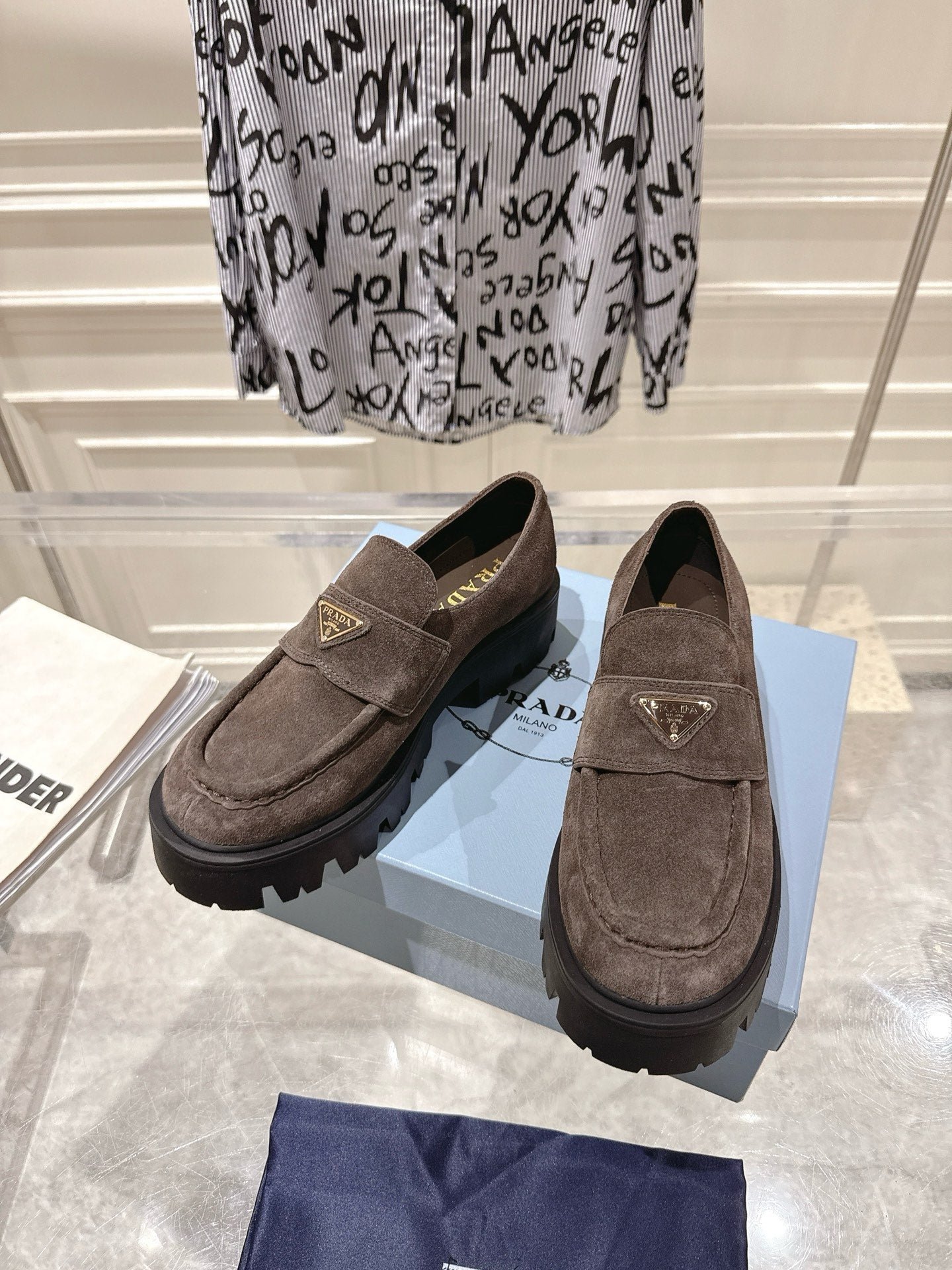 PRADA 26S PLATFORM LOAFERS 45MM IN DARK BROWN SUEDE
