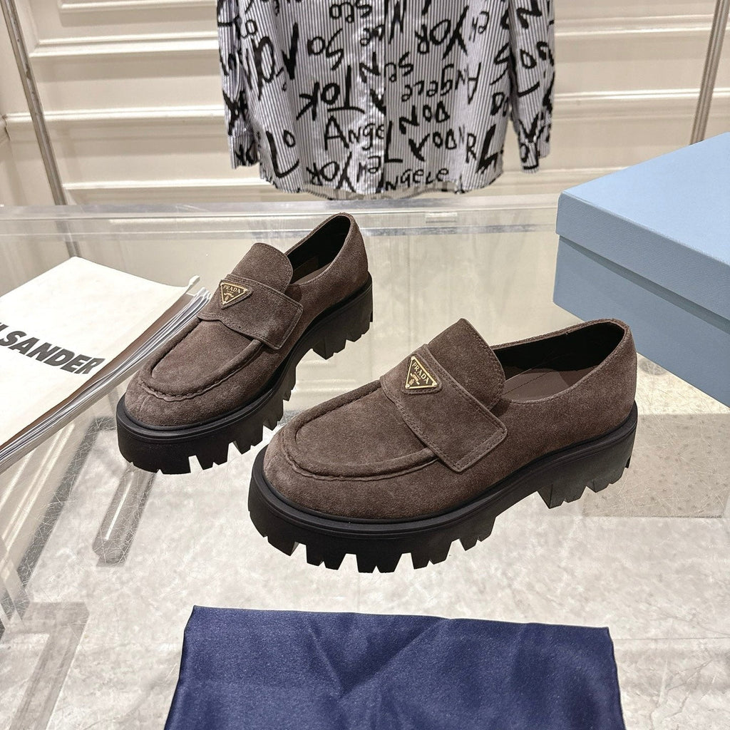PRADA 26S PLATFORM LOAFERS 45MM IN DARK BROWN SUEDE