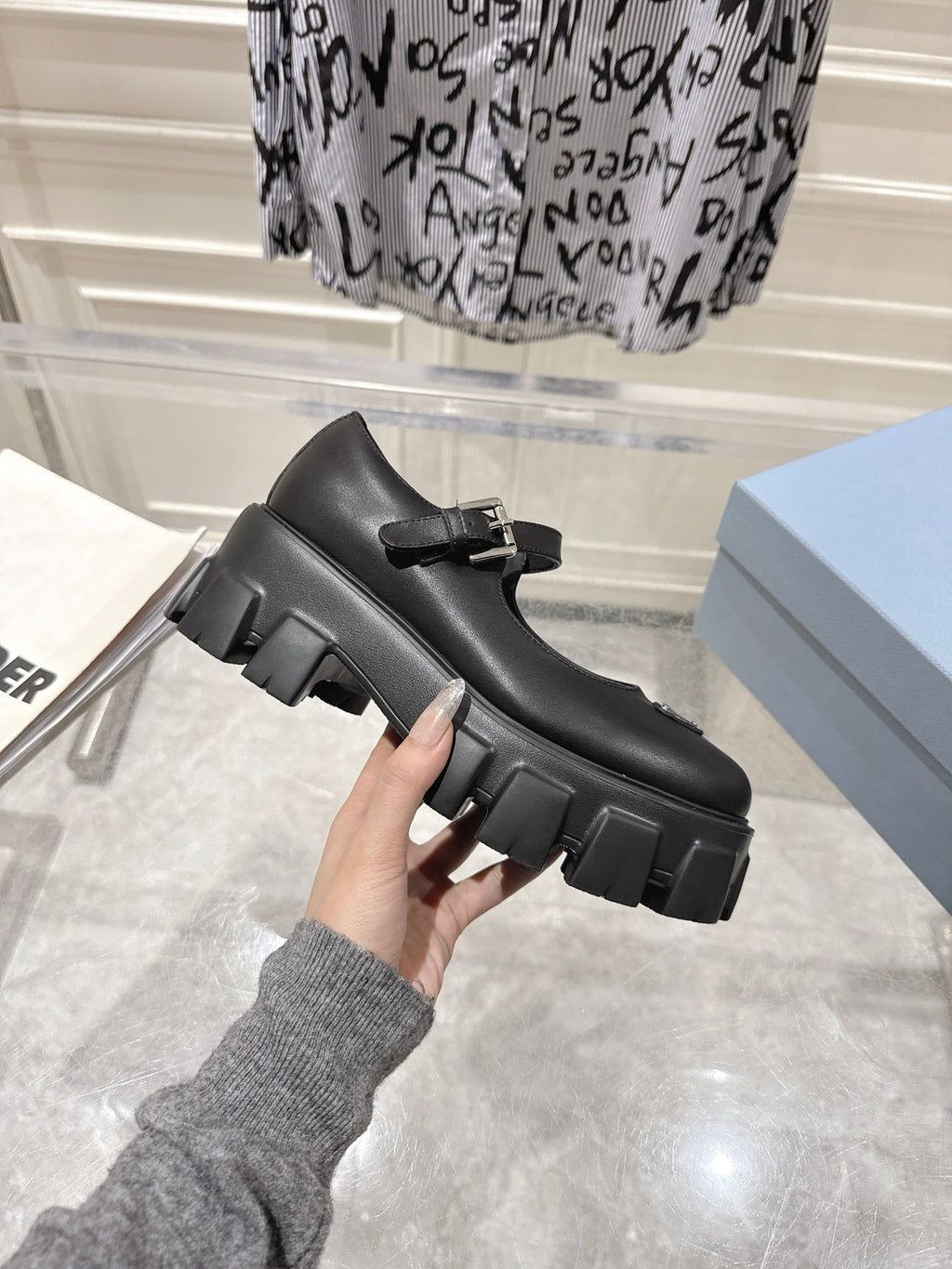 PRADA 26S MARY JANE SHOES 45MM IN BLACK CALFSKIN