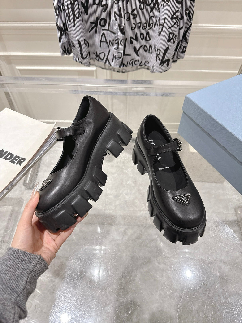 PRADA 26S MARY JANE SHOES 45MM IN BLACK CALFSKIN
