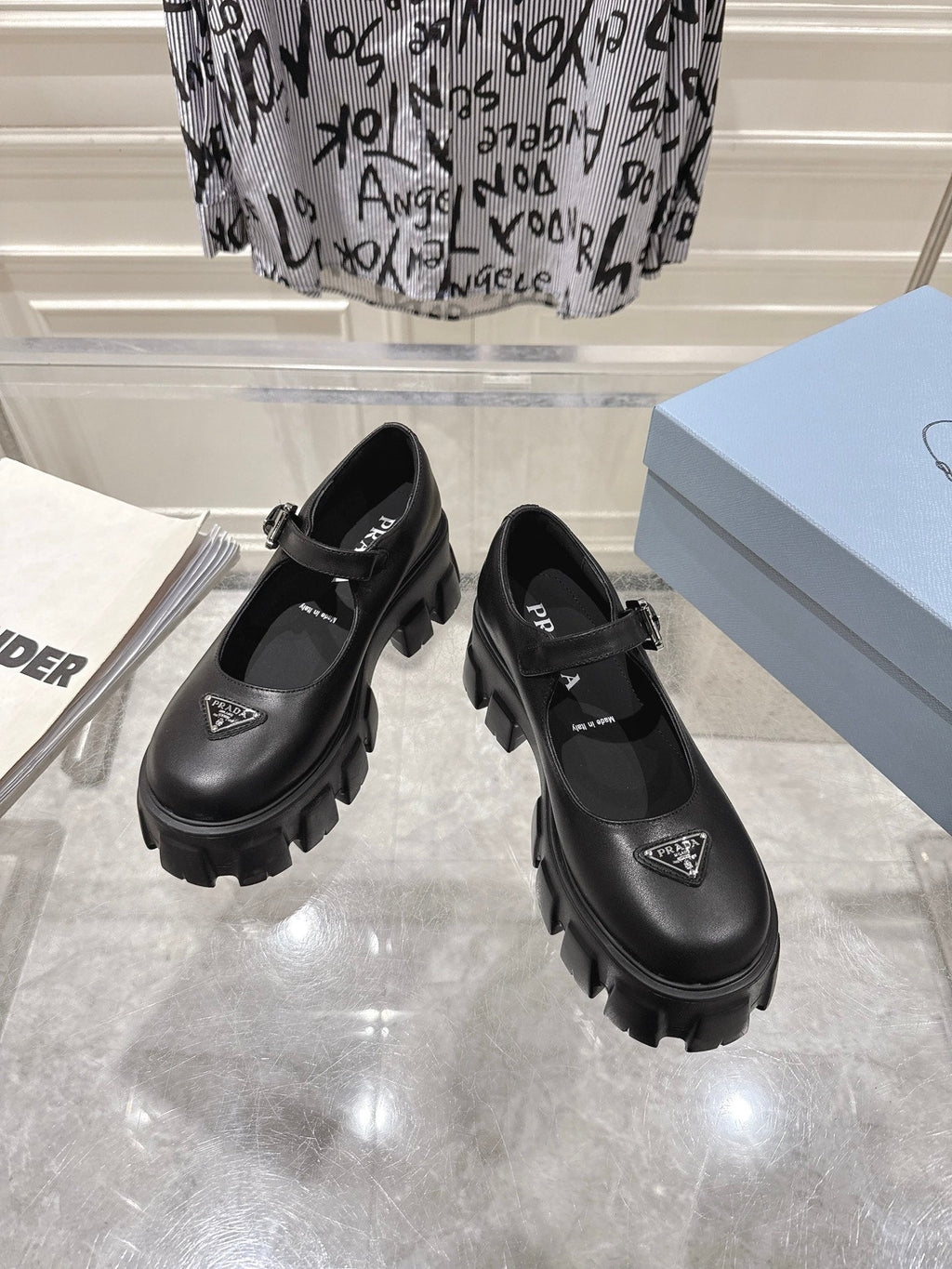 PRADA 26S MARY JANE SHOES 45MM IN BLACK CALFSKIN