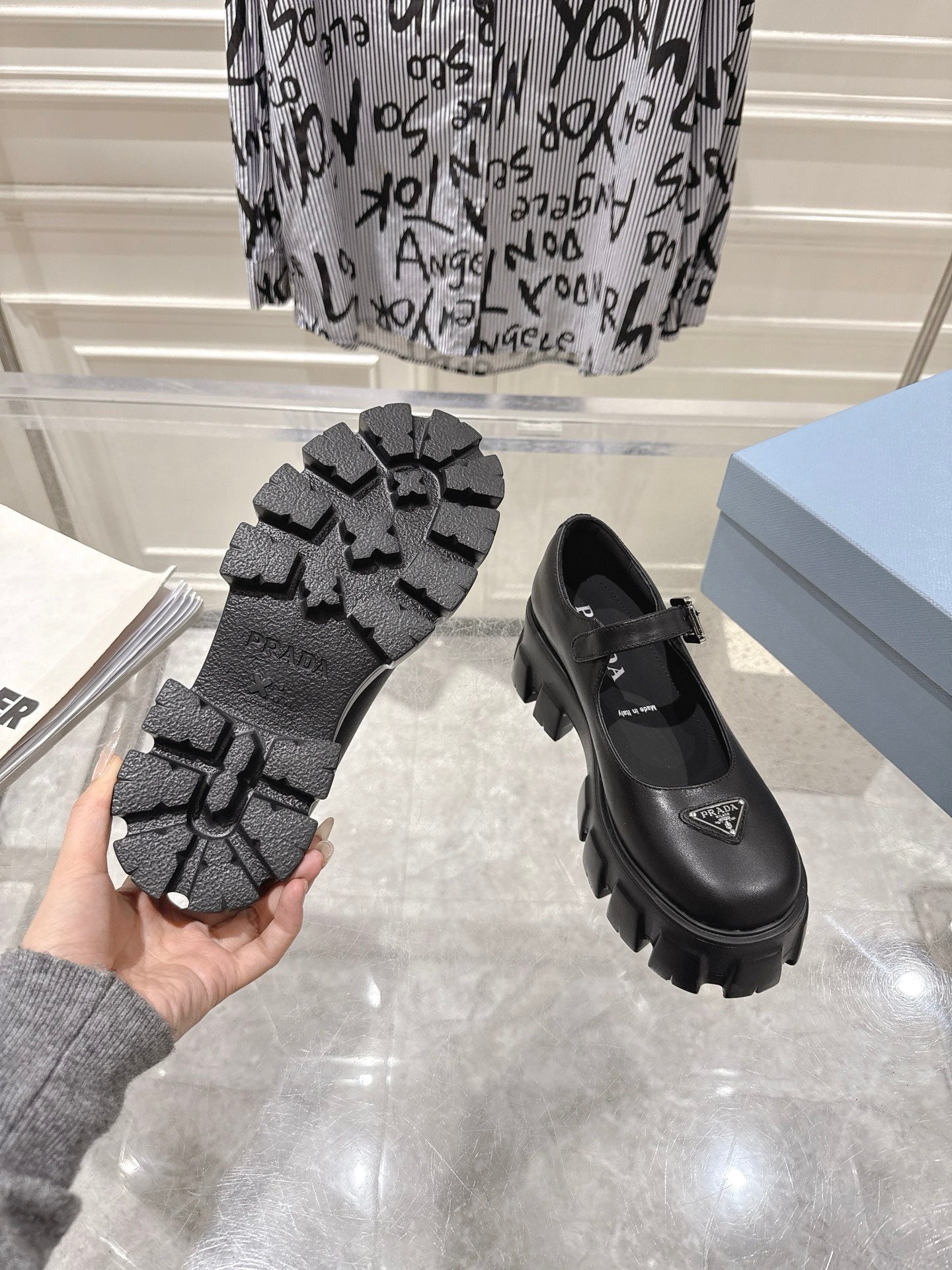 PRADA 26S MARY JANE SHOES 45MM IN BLACK CALFSKIN