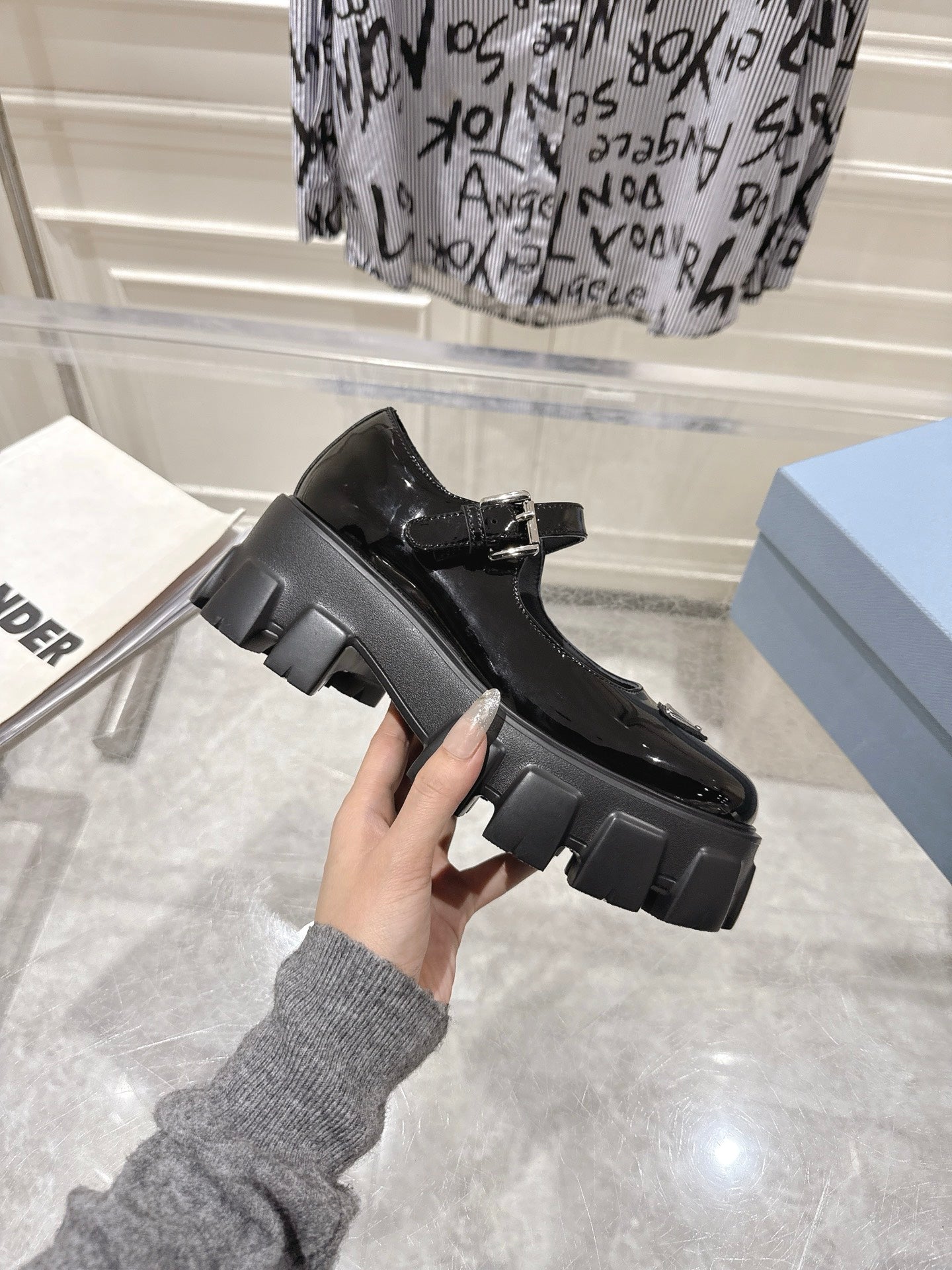 PRADA 26S MARY JANE SHOES 45MM IN BLACK PATENT CALFSKIN