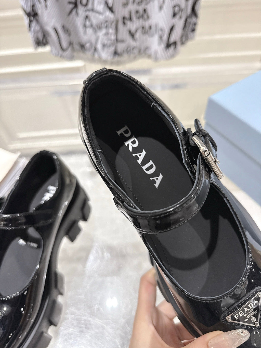 PRADA 26S MARY JANE SHOES 45MM IN BLACK PATENT CALFSKIN