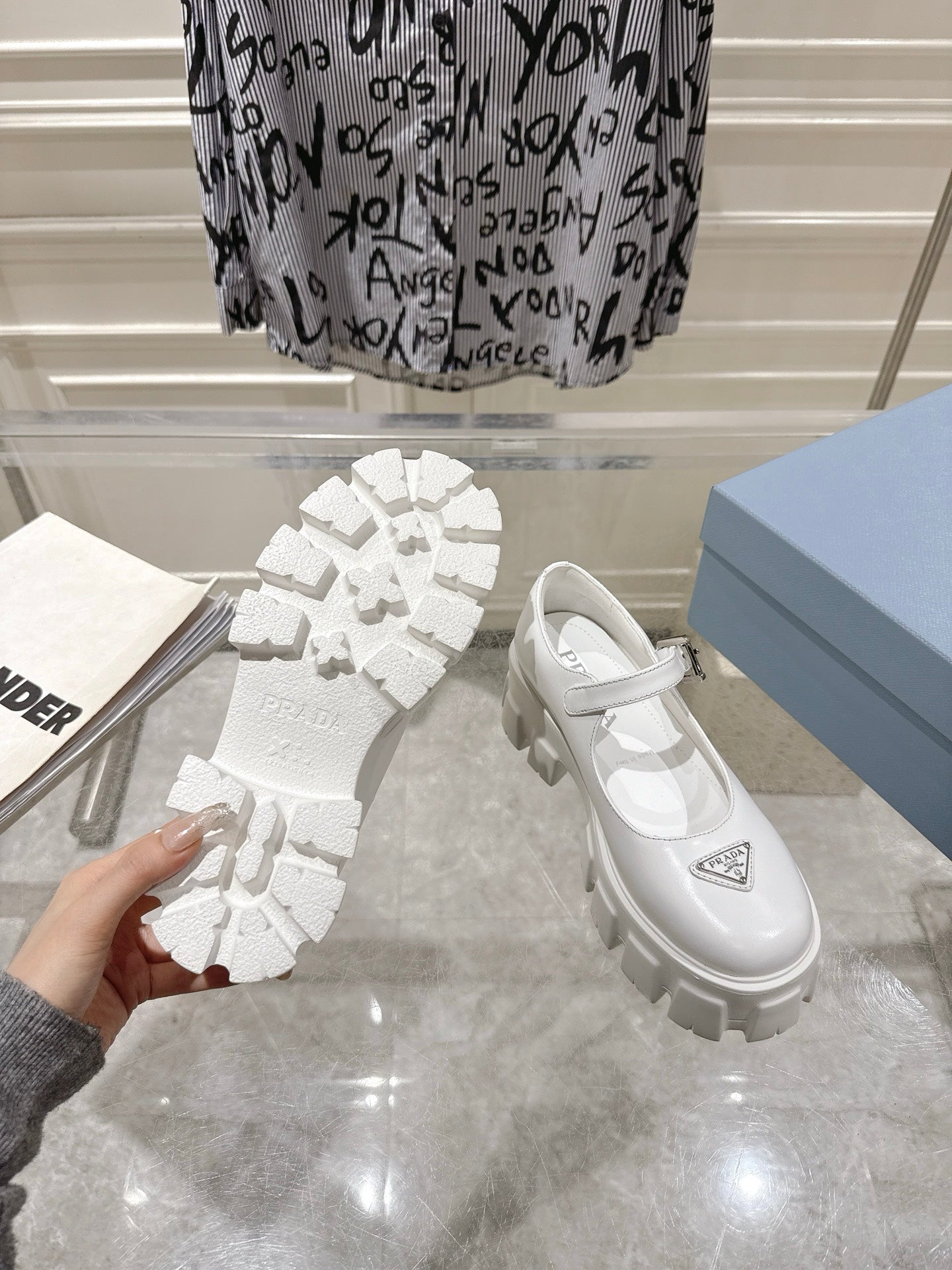PRADA 26S MARY JANE SHOES 45MM IN WHITE CALFSKIN