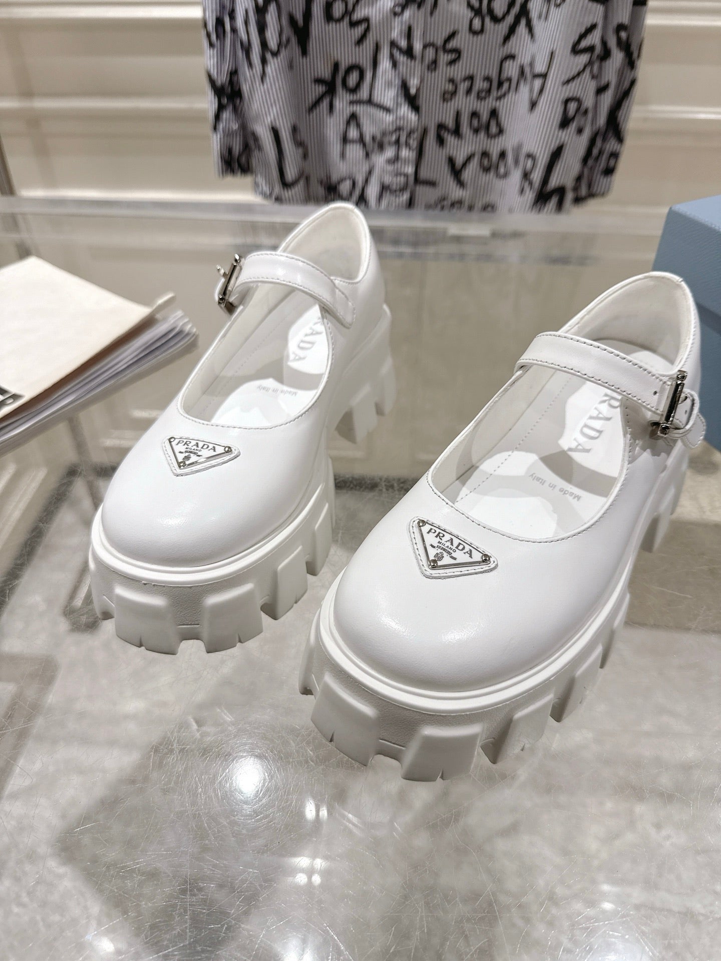 PRADA 26S MARY JANE SHOES 45MM IN WHITE CALFSKIN