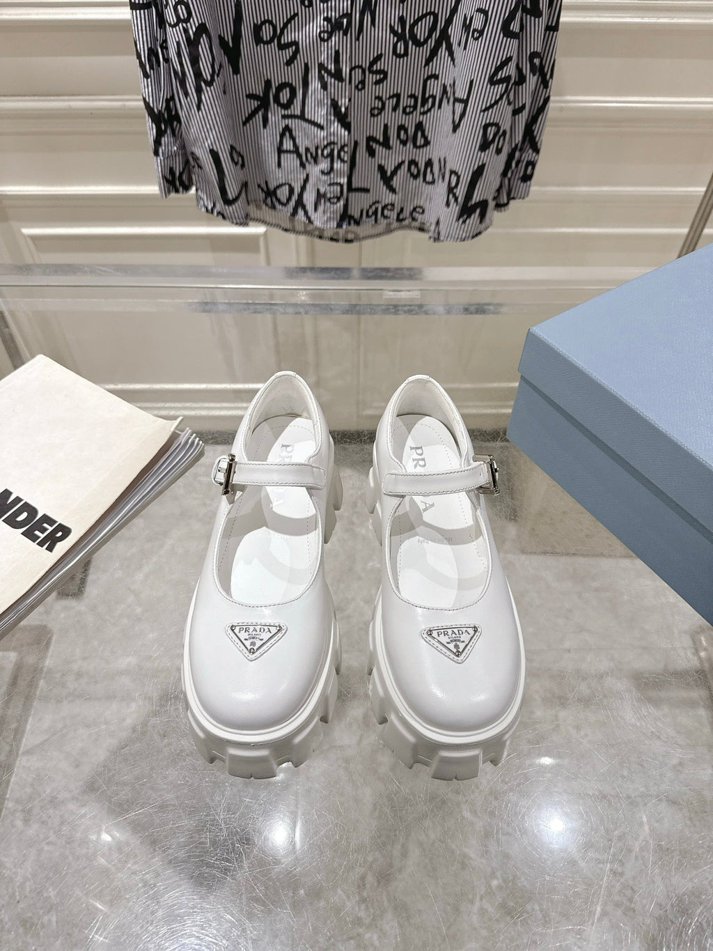 PRADA 26S MARY JANE SHOES 45MM IN WHITE CALFSKIN