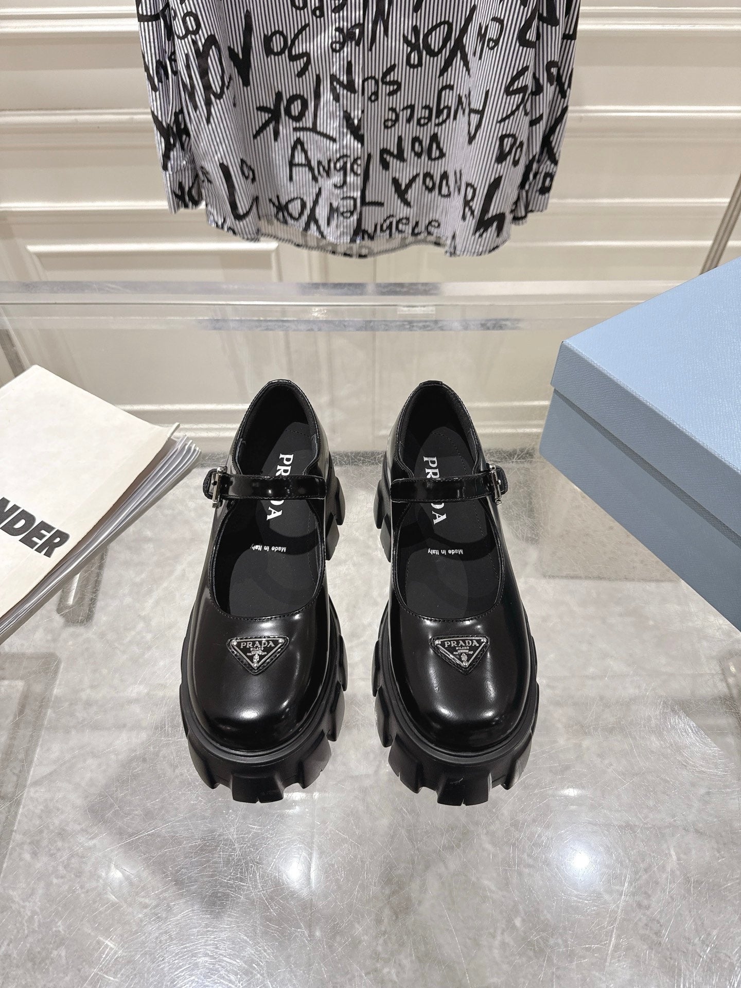 PRADA 26S MARY JANE SHOES 45MM IN BLACK SHINE CALFSKIN