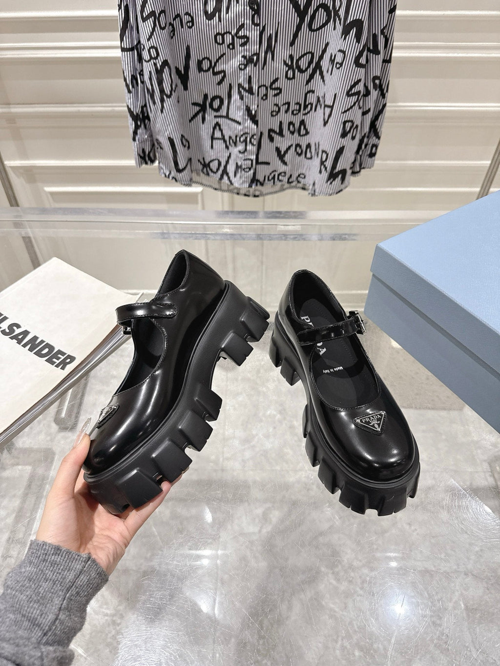 PRADA 26S MARY JANE SHOES 45MM IN BLACK SHINE CALFSKIN