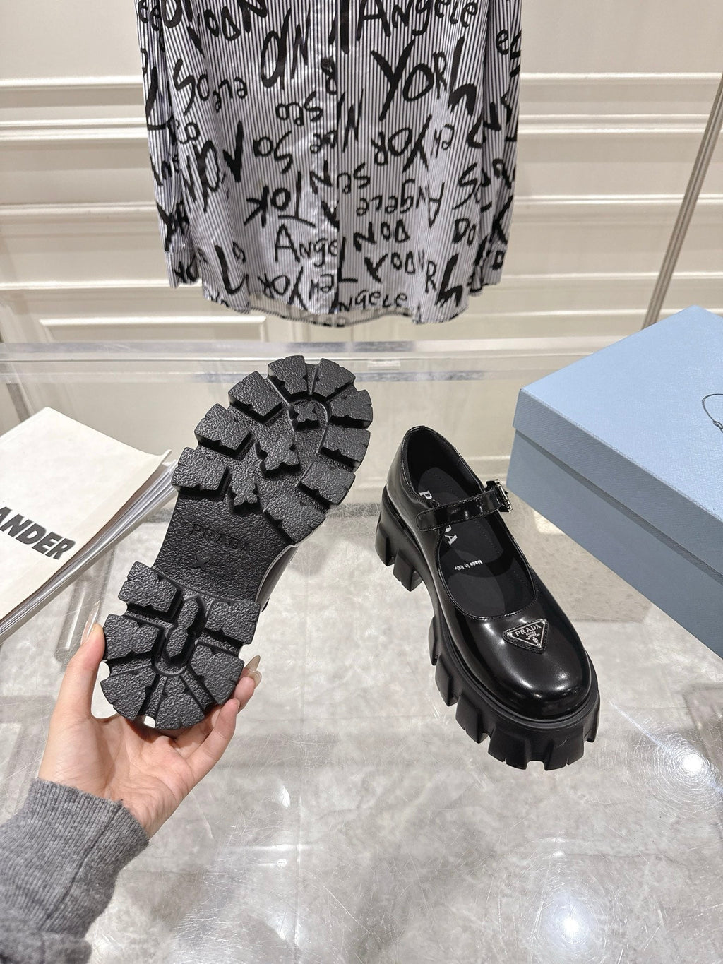 PRADA 26S MARY JANE SHOES 45MM IN BLACK SHINE CALFSKIN