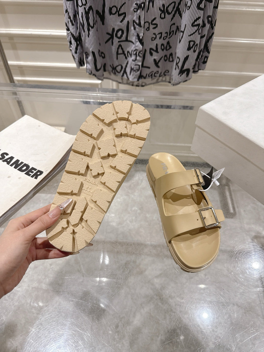 PRADA 26S SLIDES SANDALS IN BEIGE CALFSKIN SILVER HARDWARE