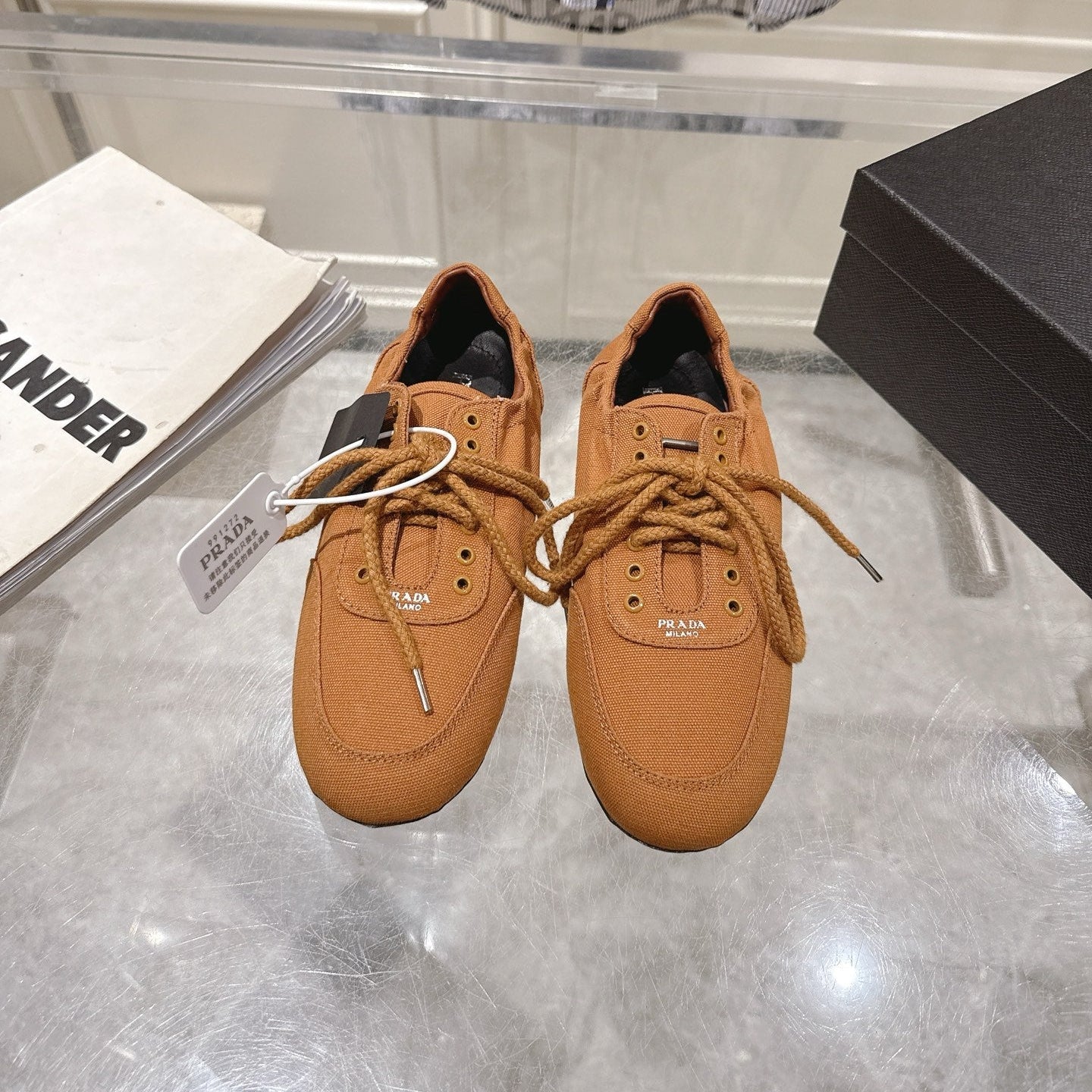 PRADA 26S COLLAPSE SNEAKERS IN CARAMEL BROWN CANVAS