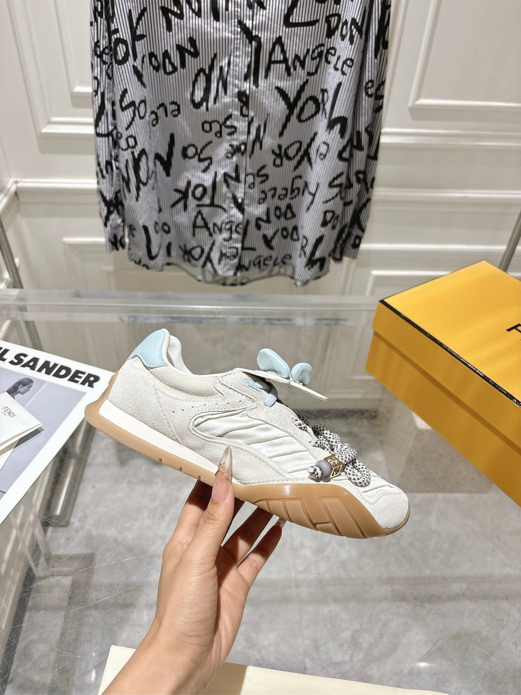 FENDI 26S SNEAKERS IN CREAM WHITE FABRIC AND SUEDE
