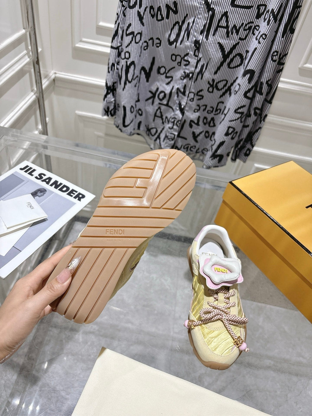 FENDI 26S SNEAKERS IN LIGHT YELLOW FABRIC AND SUEDE
