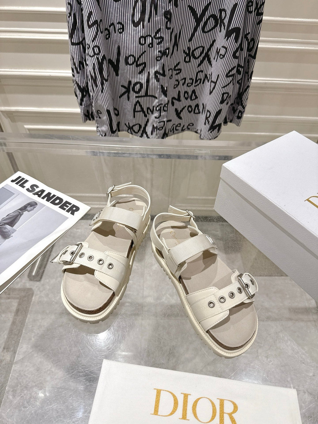 DIOR 26S BUCKLE SANDALS IN OFF WHITE CANVAS