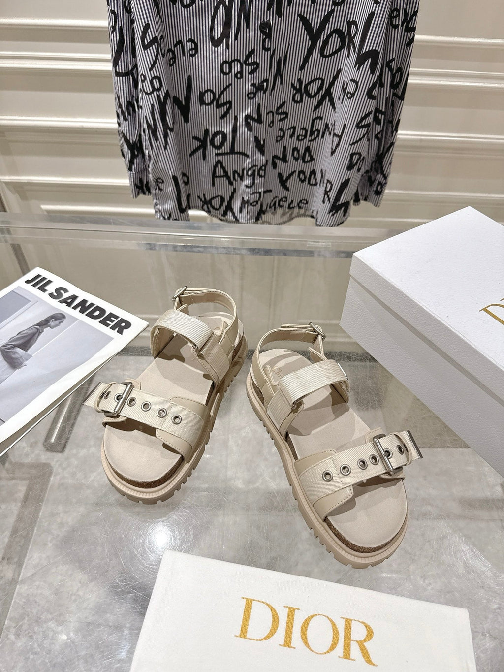 DIOR 26S BUCKLE SANDALS IN BEIGE CANVAS