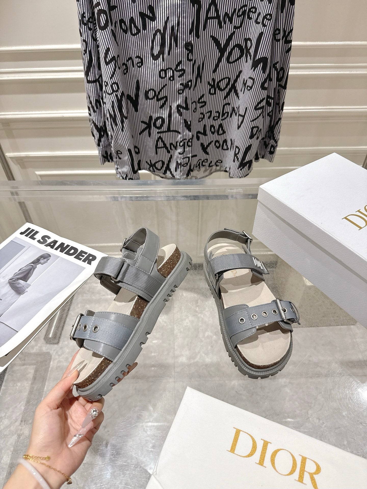 DIOR 26S BUCKLE SANDALS IN GREY CANVAS