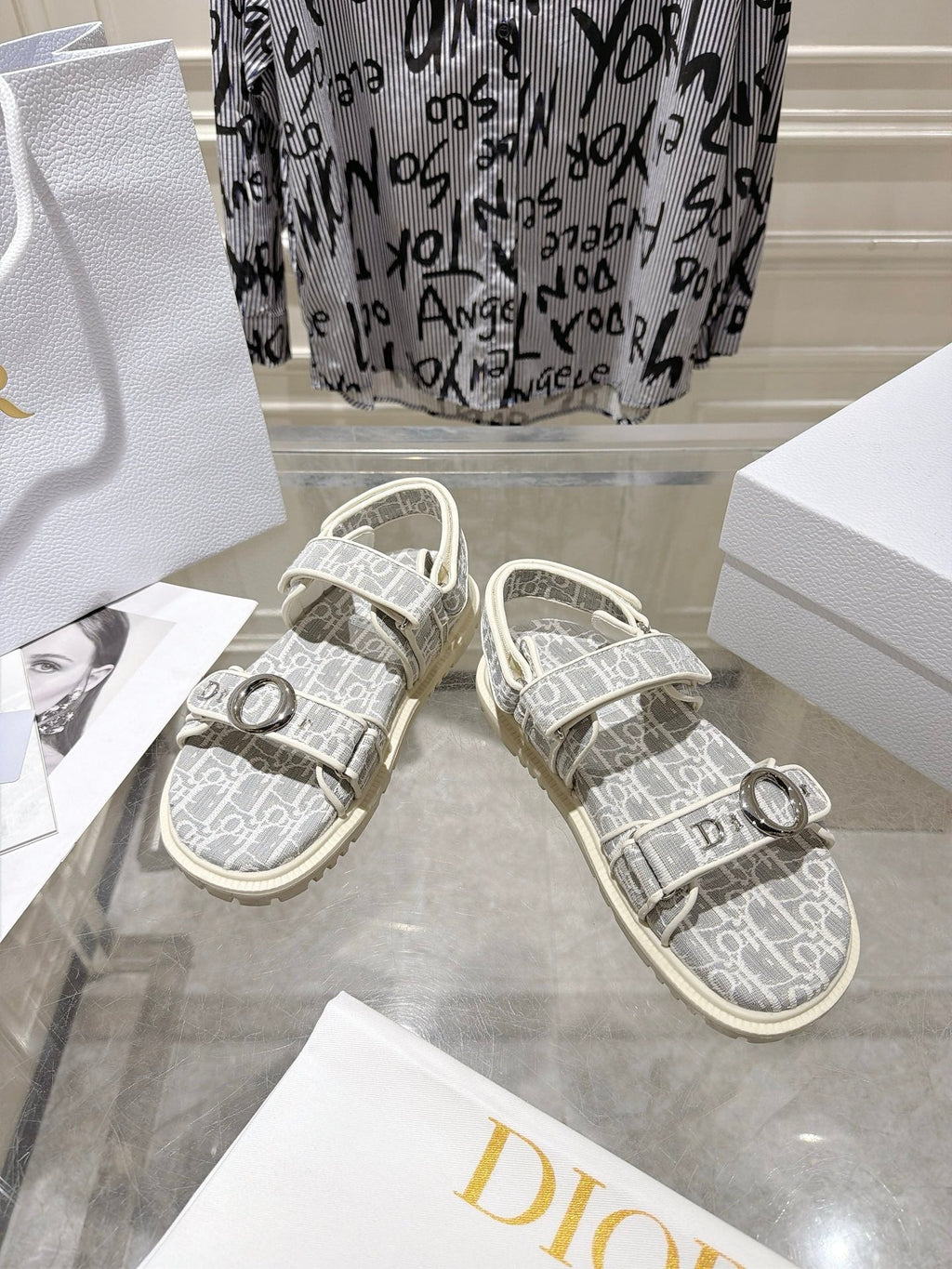 DIOR 26S VELCRO SANDALS IN LIGHT GREY MIX WHITE OBLIQUE CANVAS