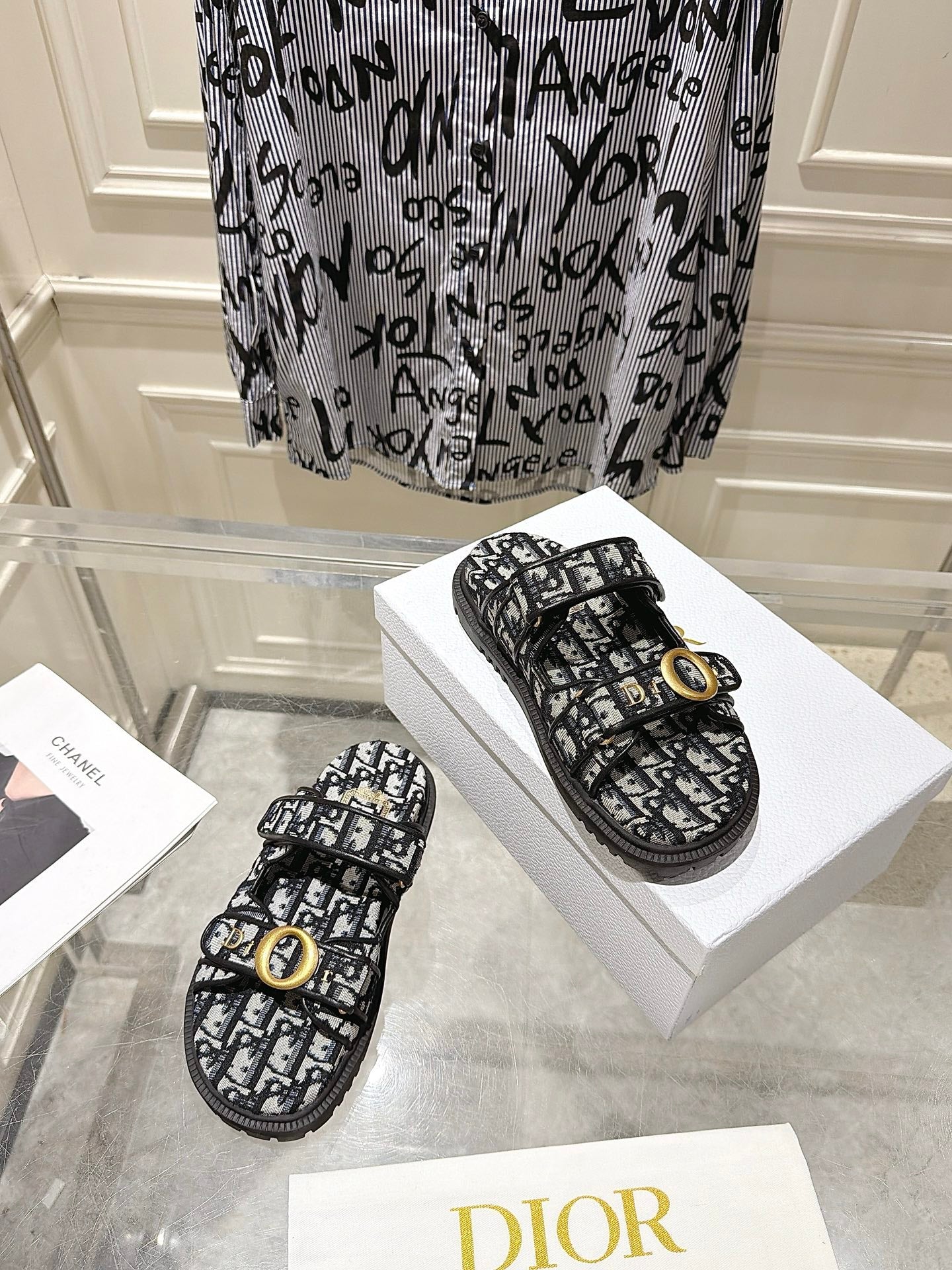 DIOR 26S SANDALS IN BLACK MIX WHITE OBLIQUE CANVAS