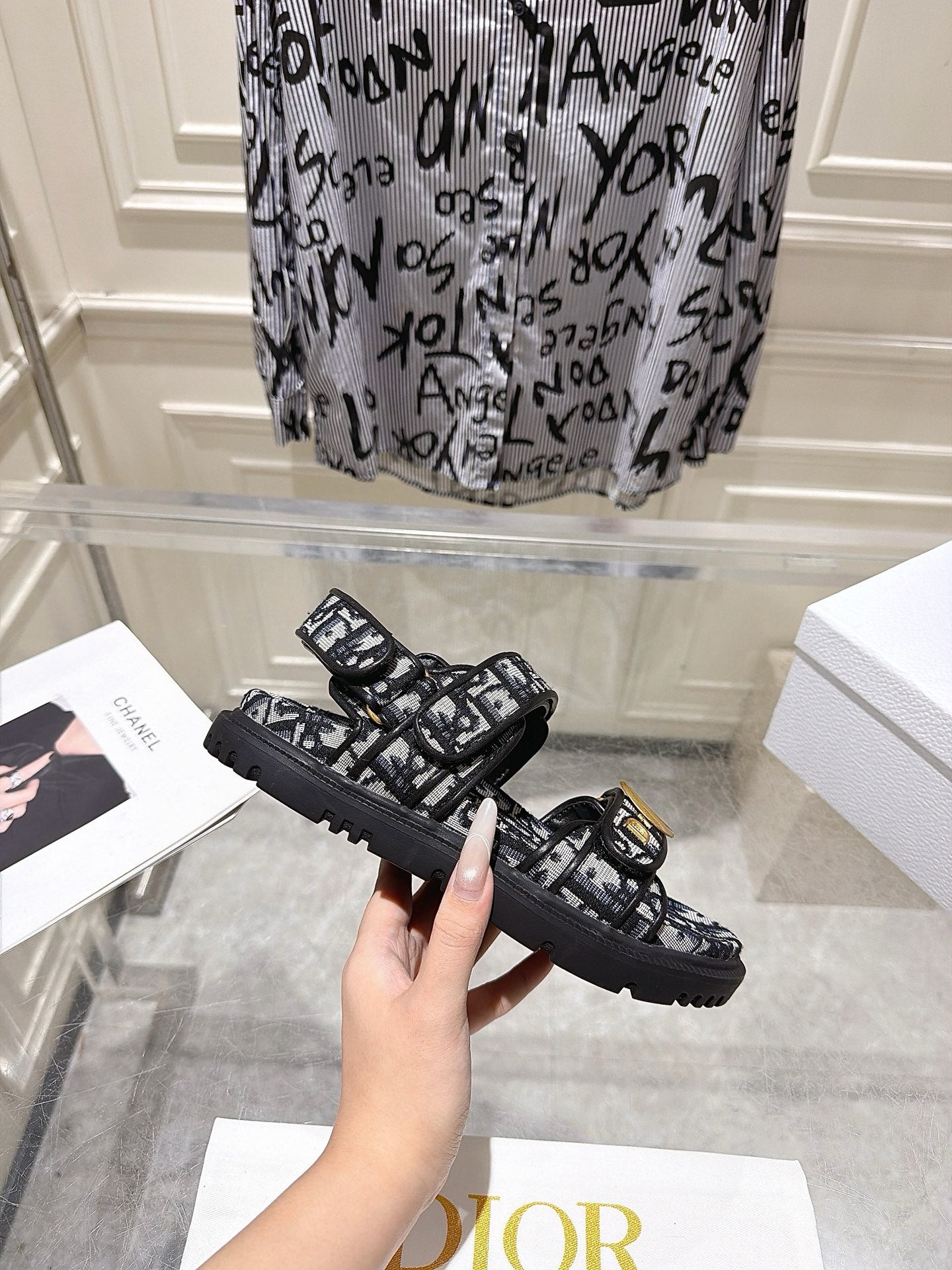 DIOR 26S VELCRO SANDALS IN BLACK MIX WHITE OBLIQUE CANVAS