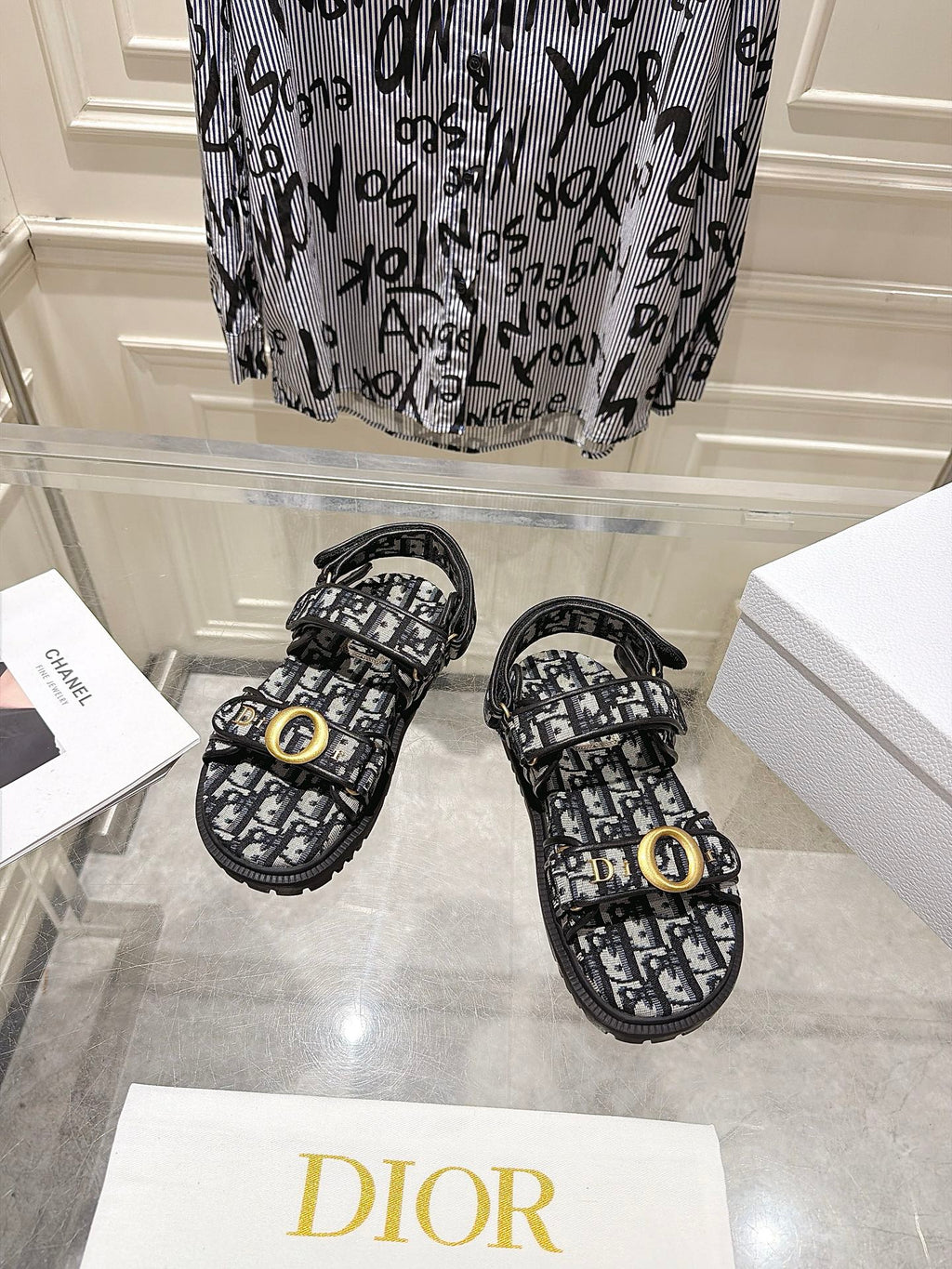 DIOR 26S VELCRO SANDALS IN BLACK MIX WHITE OBLIQUE CANVAS