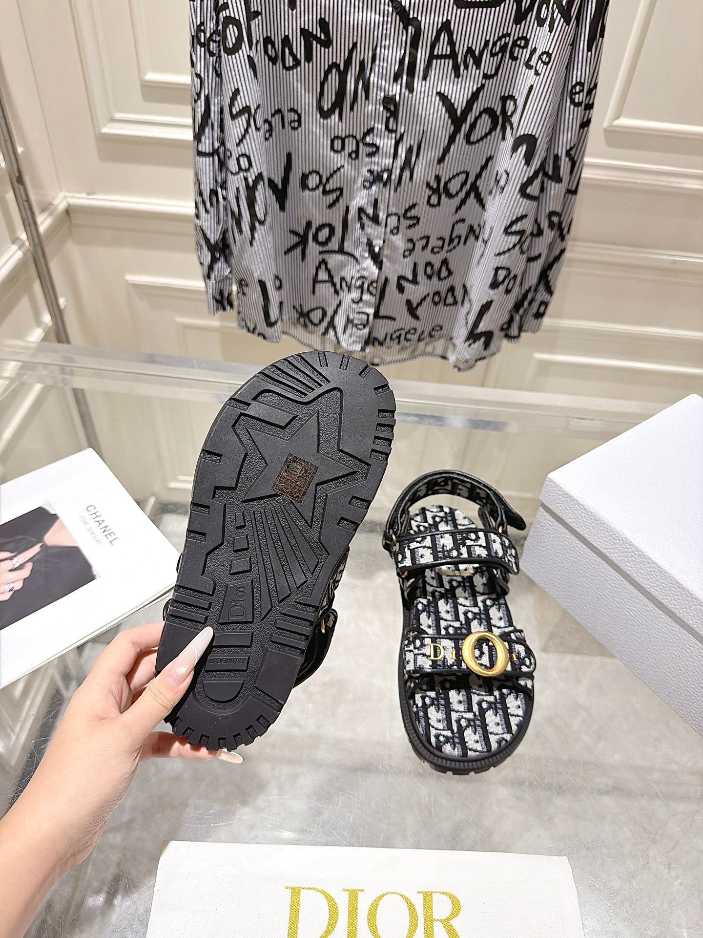 DIOR 26S VELCRO SANDALS IN BLACK MIX WHITE OBLIQUE CANVAS