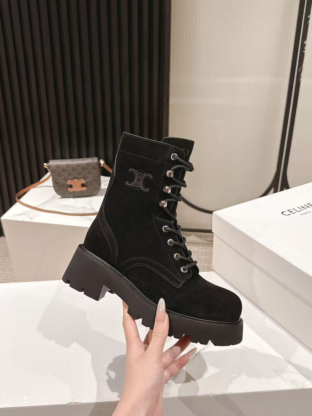 CELINE 25S HIGH HEELED LACE UP BOOTS 50MM IN BLACK SUEDE